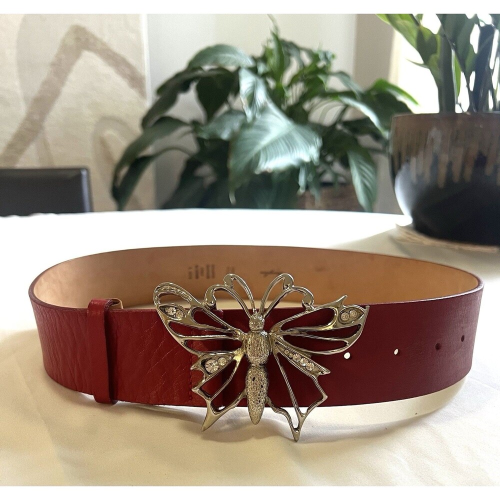 VTG Garuglieri Red Leather Belt 27-31” Butterfly Buckle Italy Y2K Boho Western